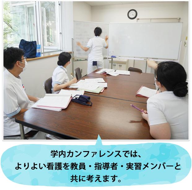学内カンファレンスでは、よりよい看護を教員・指導者・実習メンバーと共に考えます。